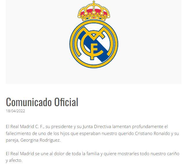 El comunicado de Real Madrid.