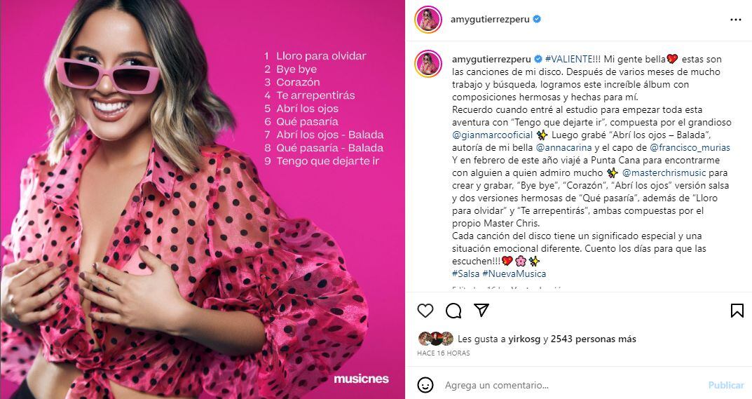 Lista completa de canciones de 'Valiente', el primer disco de Amy Gutiérrez. (Foto: Instagram)