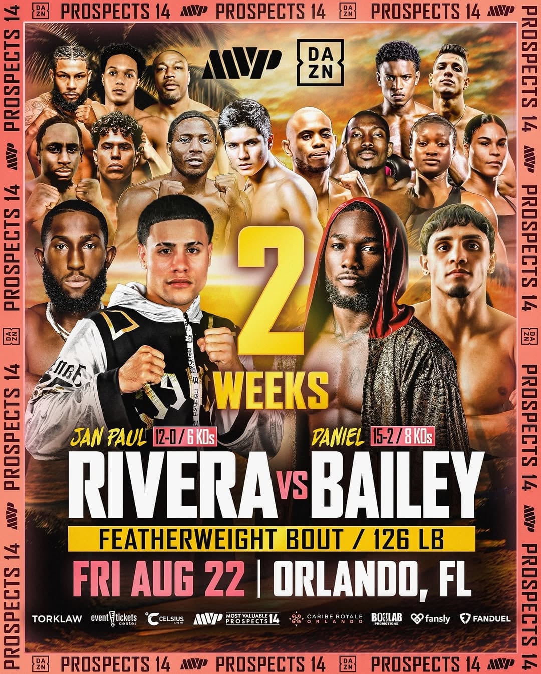 Afiche oficial de la velada Prospectos 14 con la presencia del peruano Marcelo del Águila. (DAZN)