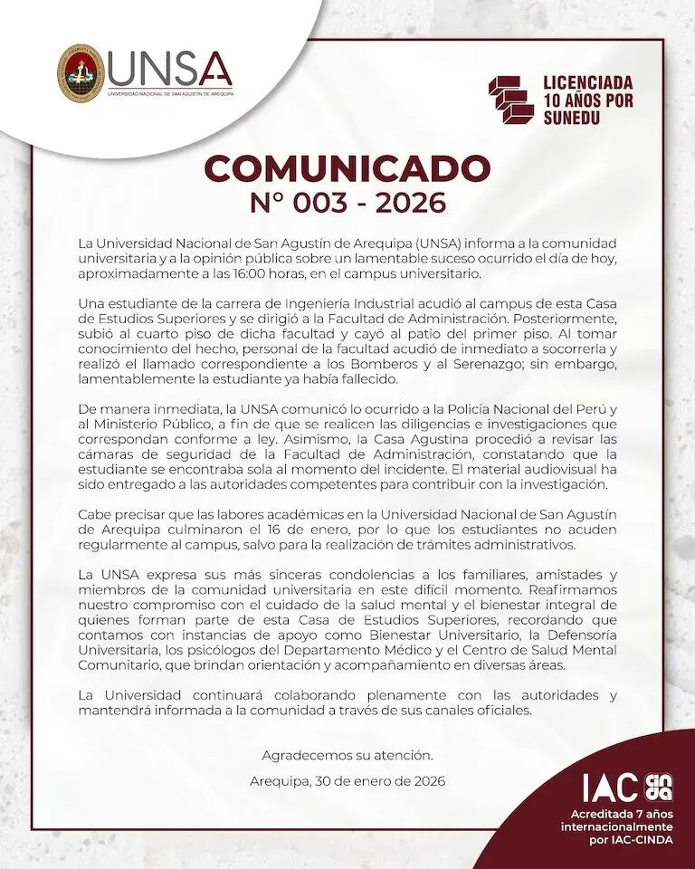 La UNSA emitió comunicado tras el trágico hecho ocurrido este viernes 30 de enero con una de sus estudiantes.
