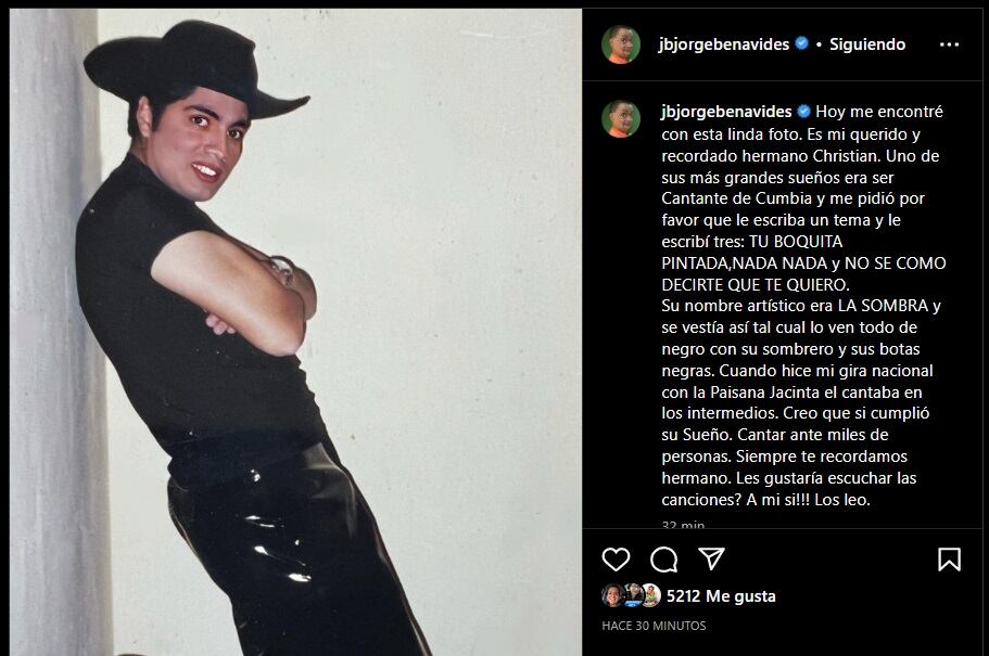 Jorge Benavides recordó a su fallecido hermano Christian Benavides. (Foto: Instagram).
