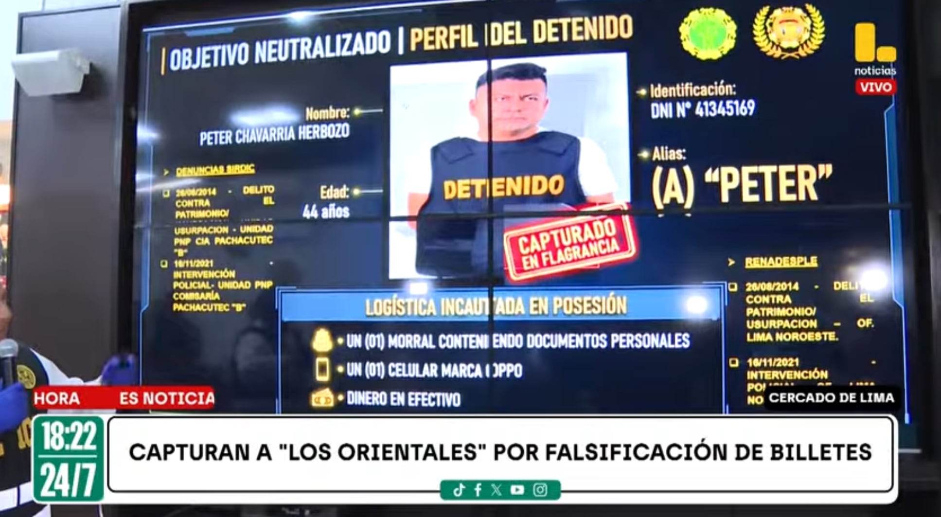 Al sujeto se le incautó un morral con documeentos, un celula y dinero en efectivo.