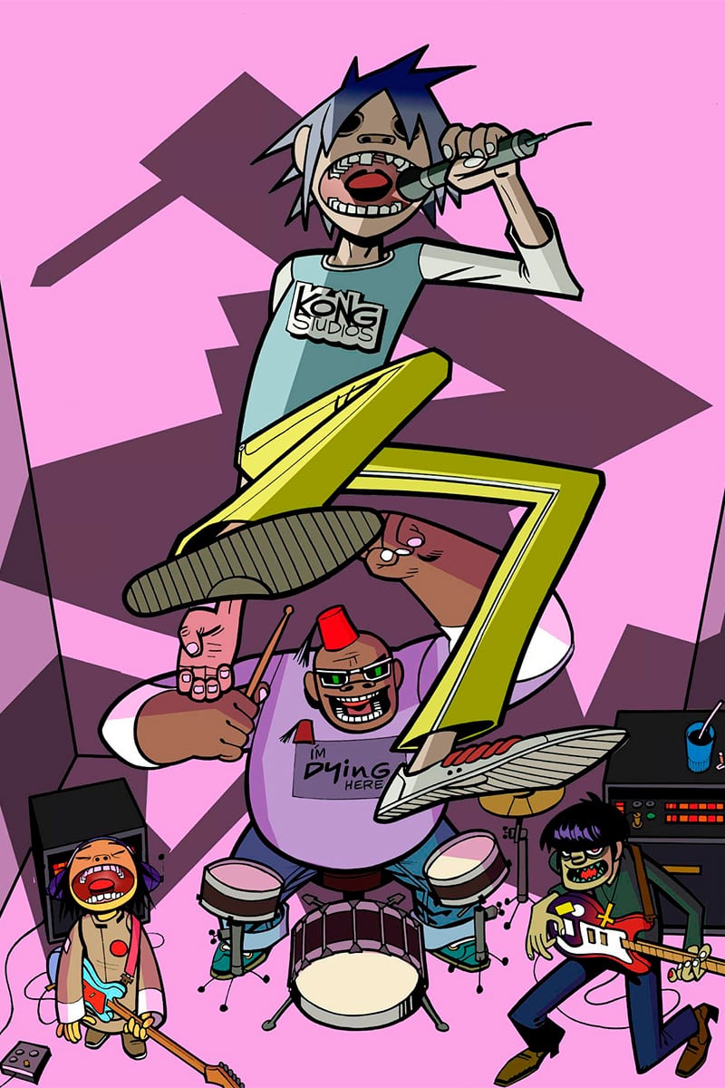 Retrato grupal en estilo cómic, donde los personajes animados de Gorillaz aparecen con actitud desafiante y referencias al imaginario punk y hip hop. La composición refuerza la identidad visual creada por Jamie Hewlett, eje central del universo narrativo del grupo. (Foto: AP)