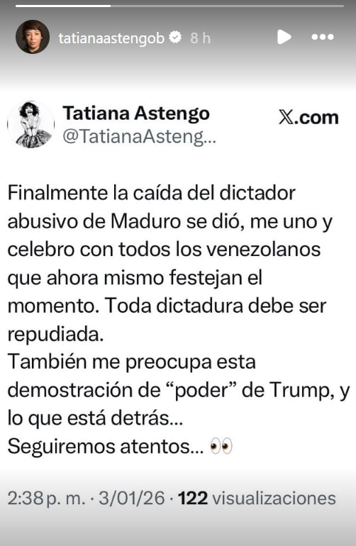 Tatiana Astengo y su post tras intervención de Donald Trump en Venezuela.