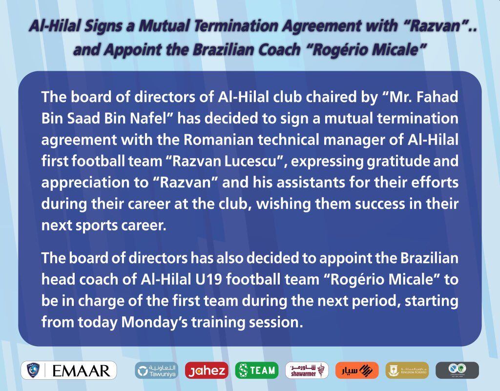 El comunicado de Al-Hilal sobre la salida de Razvan Lucescu.