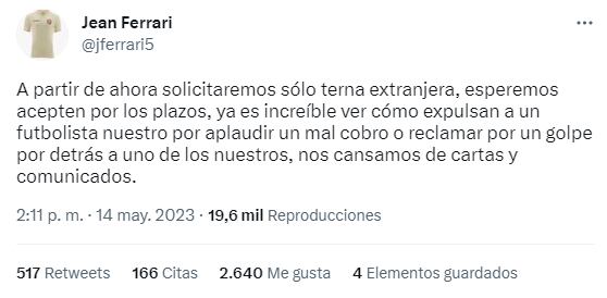 Universitario de Deportes: El reclamo de Jean Ferrari. Foto: Captura.