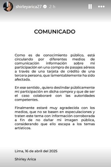Comunicado de Shirley Arica