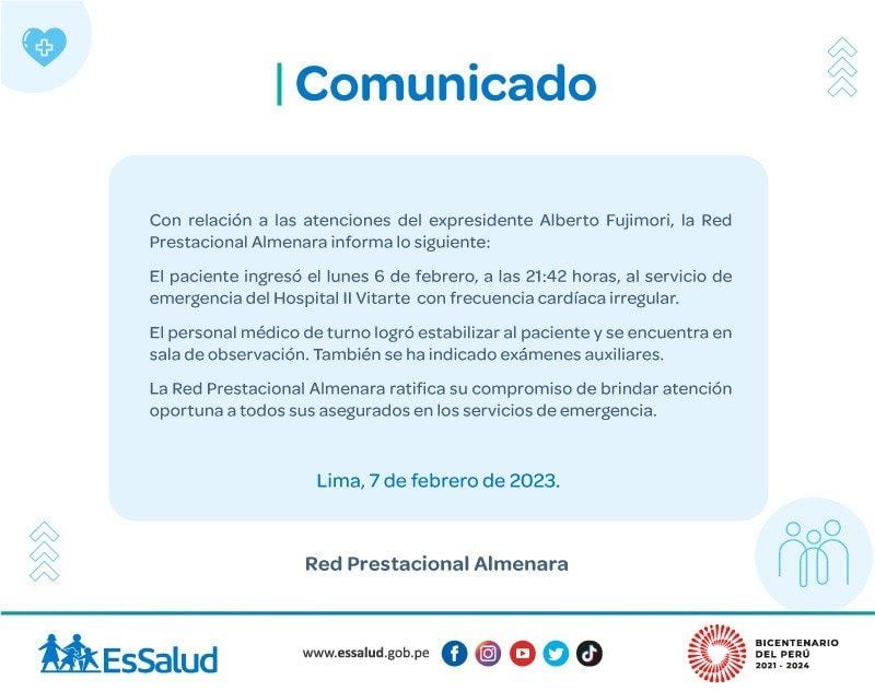 EsSalud confirmó que expresidente se encuentra estable.
