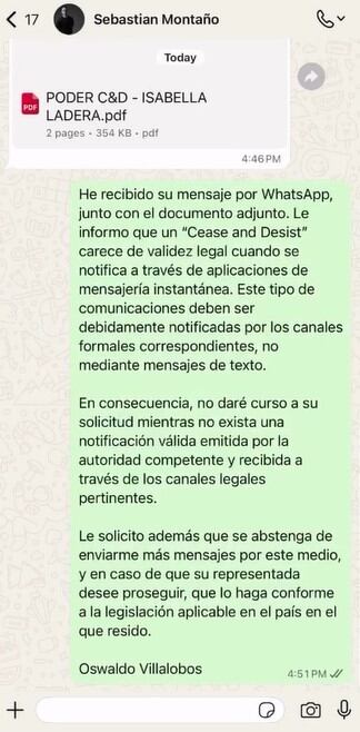 Influencer muestra cómo lo contactaron por WhatsApp. (Instagram: @oswaldovillalob_)