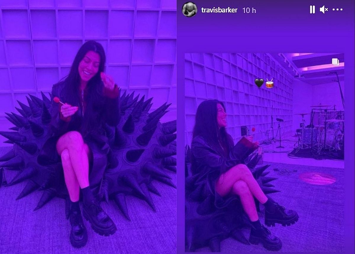 Kourtney Kardashian se mostró disfrutando de un caramelo mientras veía ensayar a su novio, el baterista Travis Barker y él compartió la publicación. (Foto: Instagram)