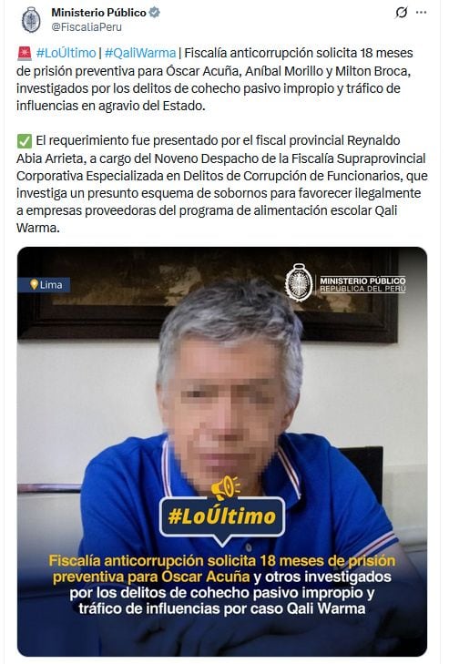 Piden 18 meses de prisión preventiva para Óscar Acuña.