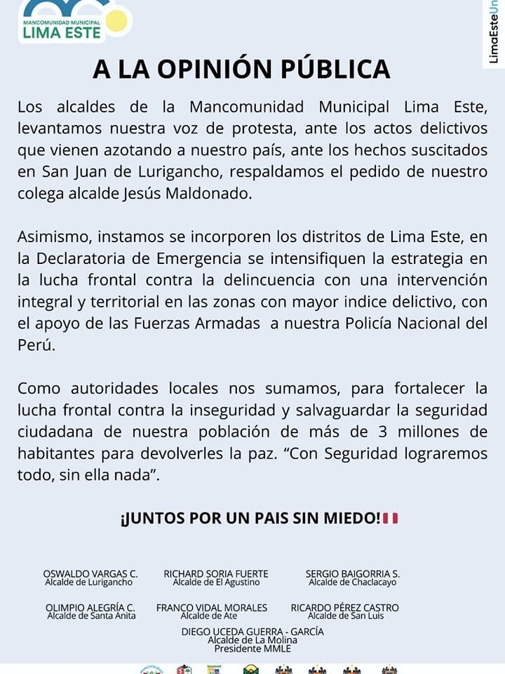 Comunicado de los alcaldes de Lima Este.