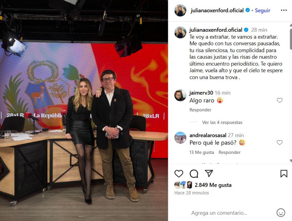 Juliana Oxenford se despidió de Jaime Chincha con emotivo mensaje. (Foto: Instagram)