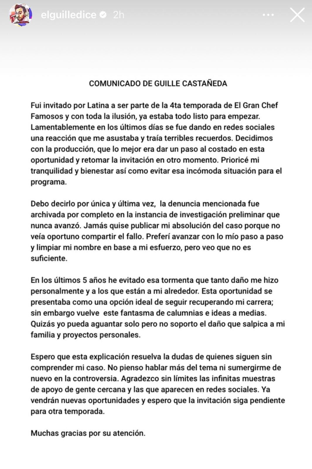 Comunicado de Guillermo Castañeda sobre su ausencia en "El Gran Chef Famosos" temporada 4.