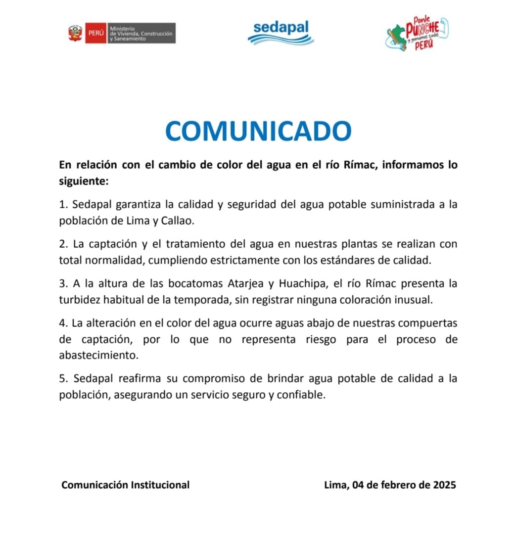 Comunicado sobre el agua roja del río Rímac.