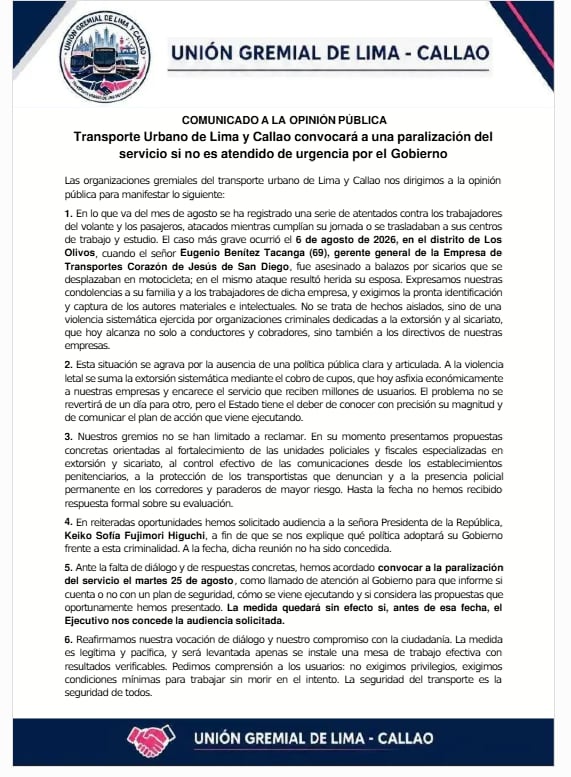 Transportistas de Lima y Callao anuncian paro para el 25 de agosto por inseguridad
