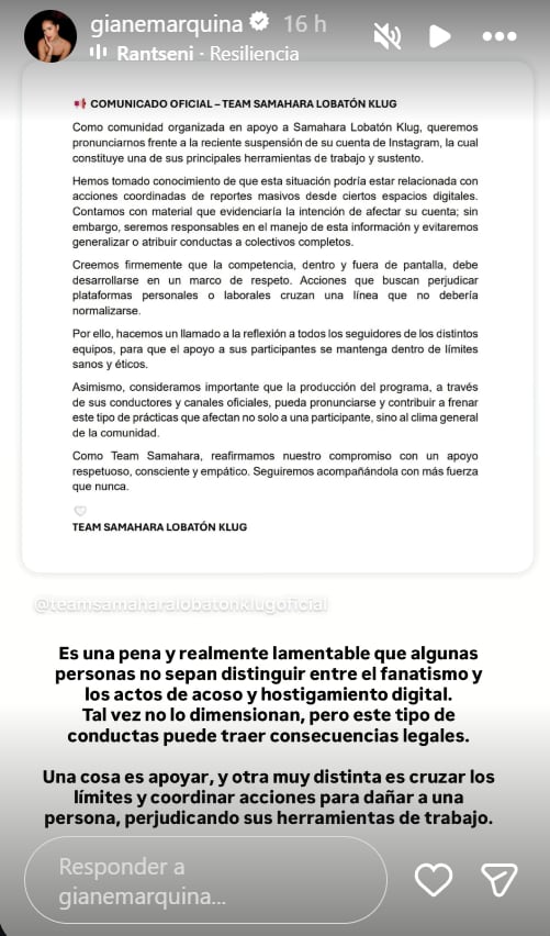 Comunicado del 'Team' Samahara Lobatón tras suspensión de cuenta de Instagram.