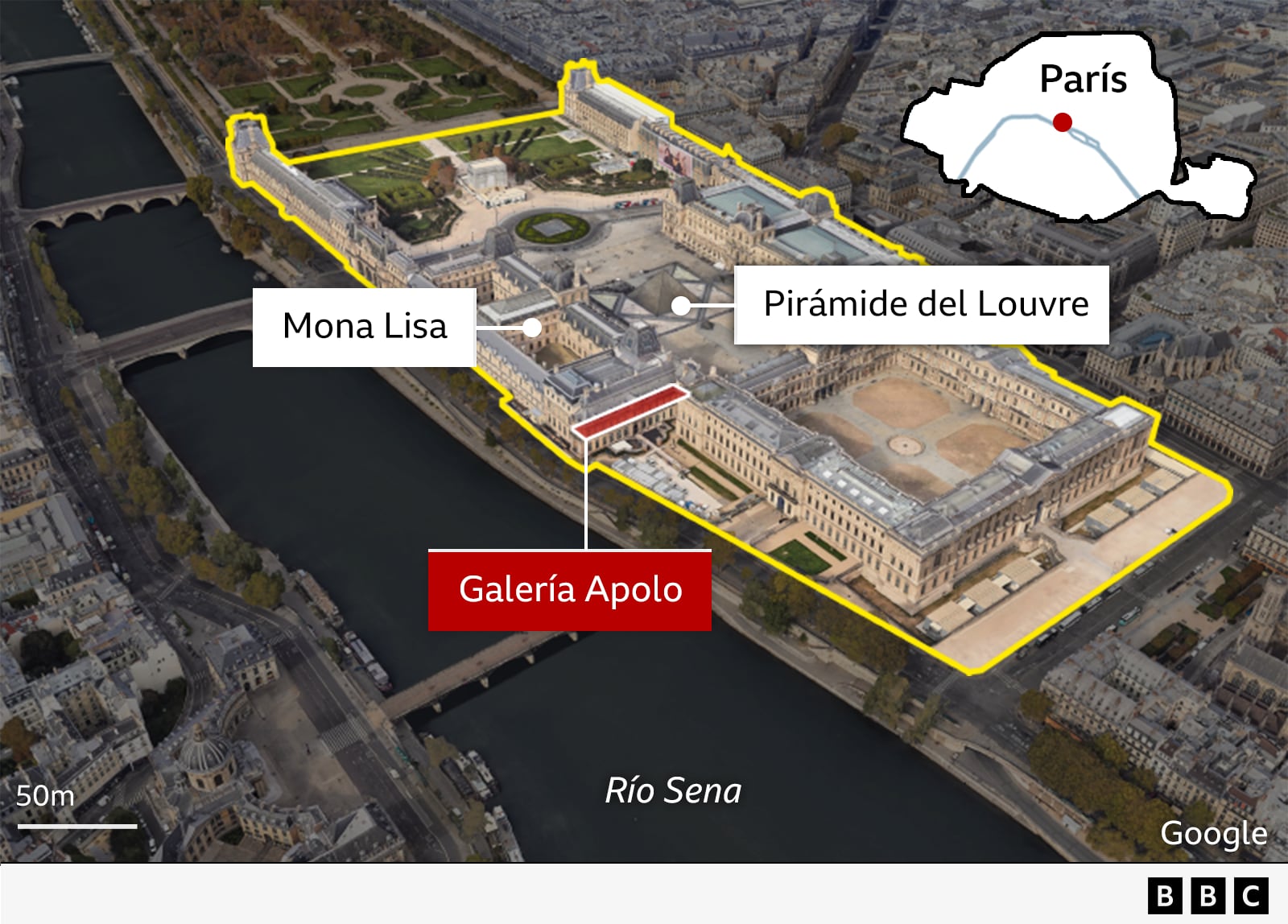 Mapa del Museo Louvre que muestra la ubicación de la Mona Lisa y la Galería Apolo.