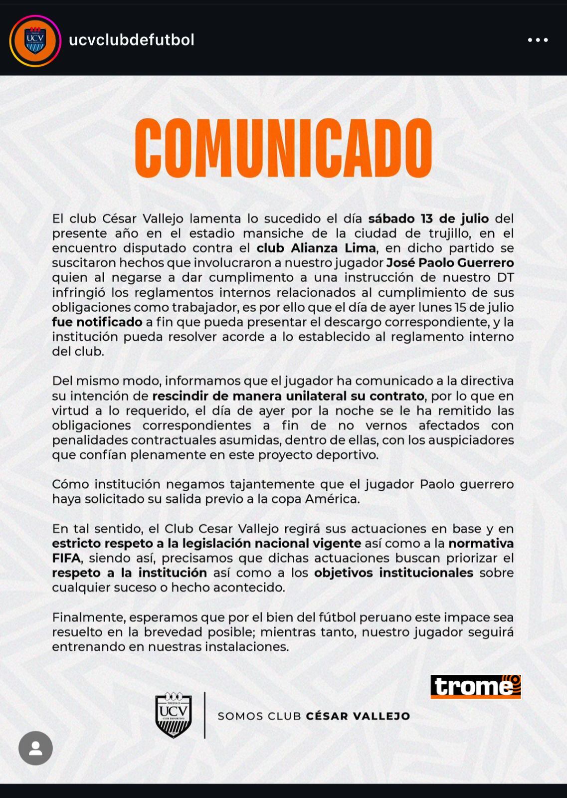 César Vallejo envía COMUNICADO sobre Paolo Guerrero