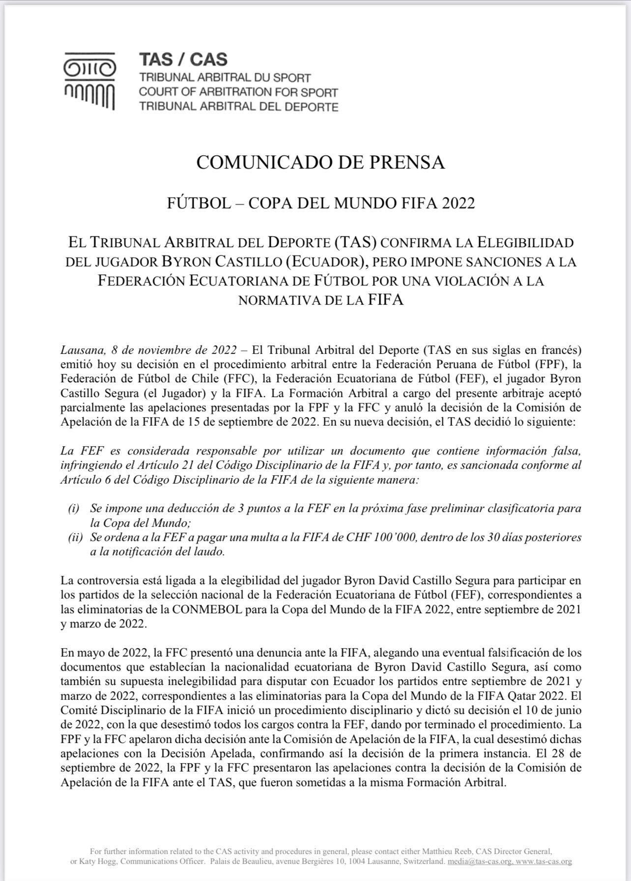 La resolución del TAS por el 'caso Byron Castillo'.