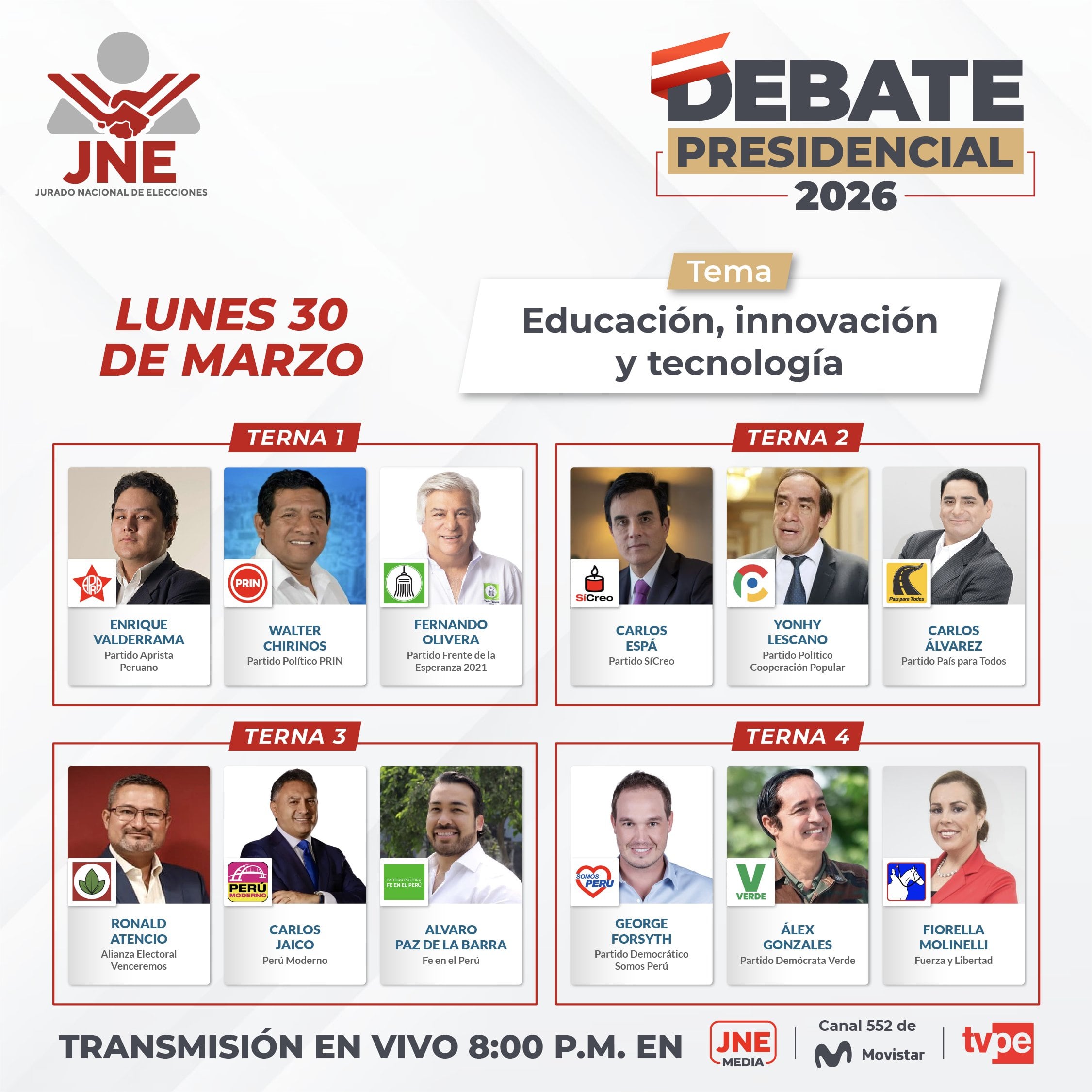 Ternas del debate presidencial del 30 de marzo