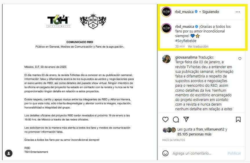 Comunicado de RBD. (Foto: @rbd_musica).