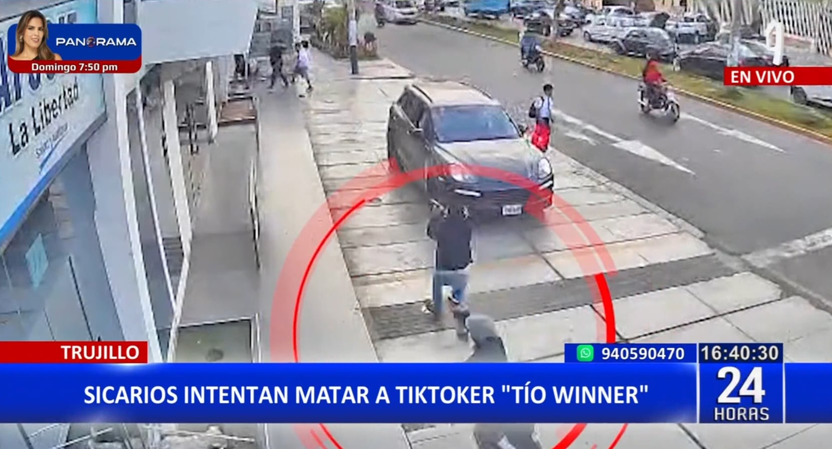 Cámara de seguridad capta a dos sujetos con armas disparando contra el tiktoker 'Tío Winner' y sus guardaespaldas en Trujillo.
