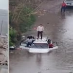 Lluvias extremas en Ayacucho provocan que mujer quede en el techo de un vehículo