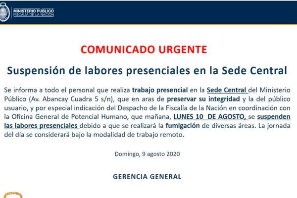 Comunicado del Ministerio Público sobre suspensión de labores. (Foto: Ministerio Público)
