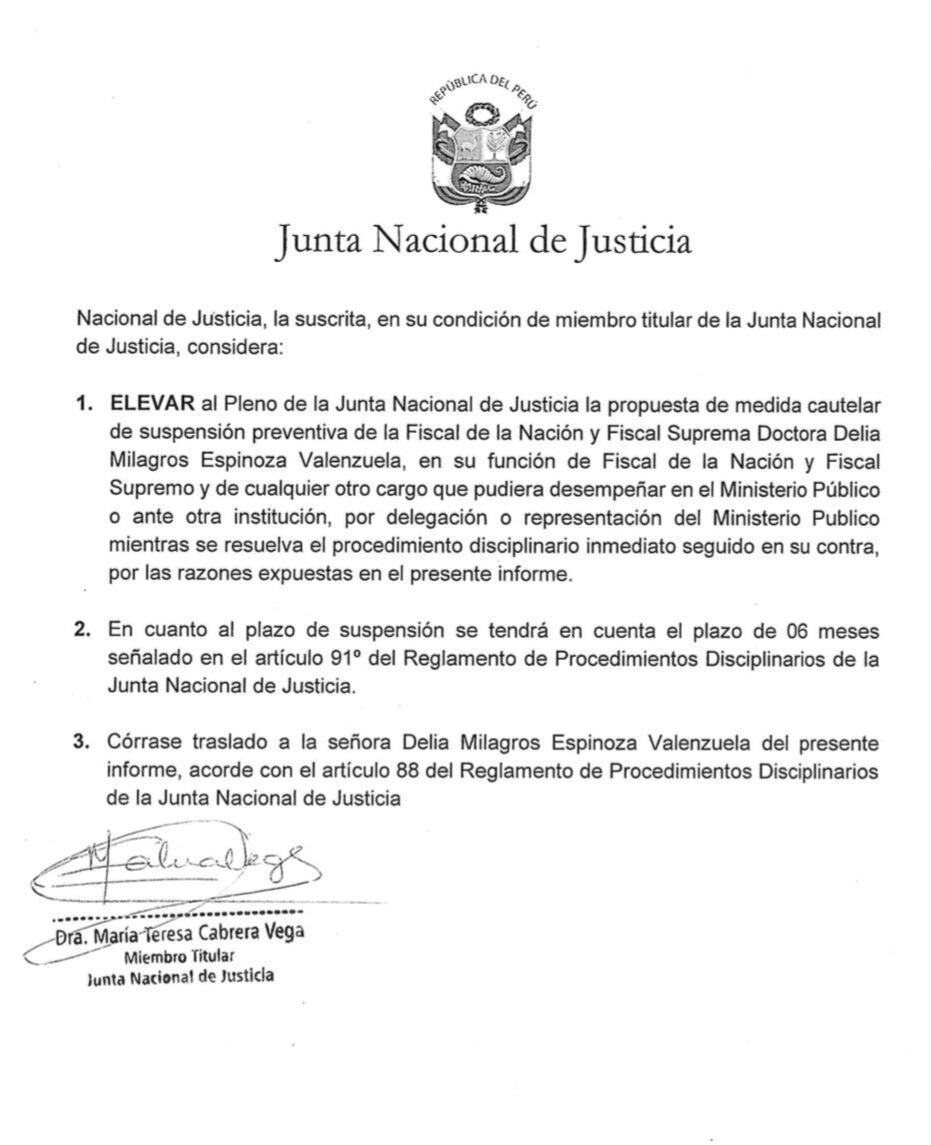 Parte del informe de María Teresa Cabrera, en donde se señala que se eleva al Pleno de la JNJ, para tomar una decisión sobre esta medida cautelar contra Delia Espinoza.