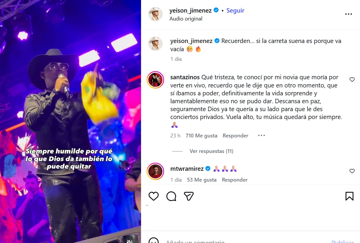 Yeison Jiménez y su última publicación en Instagram.
