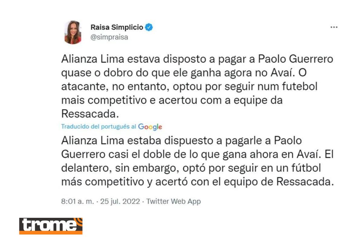Periodista brasileña confirmó lo que era un rumor en las negocioaciones de Paolo Guerrero (@simpraisa)