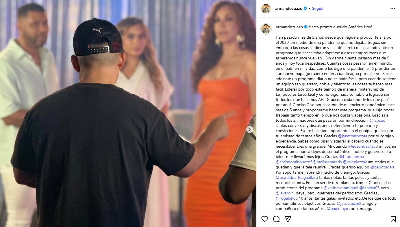 Productor se despide de 'América Hoy' en sus redes sociales.