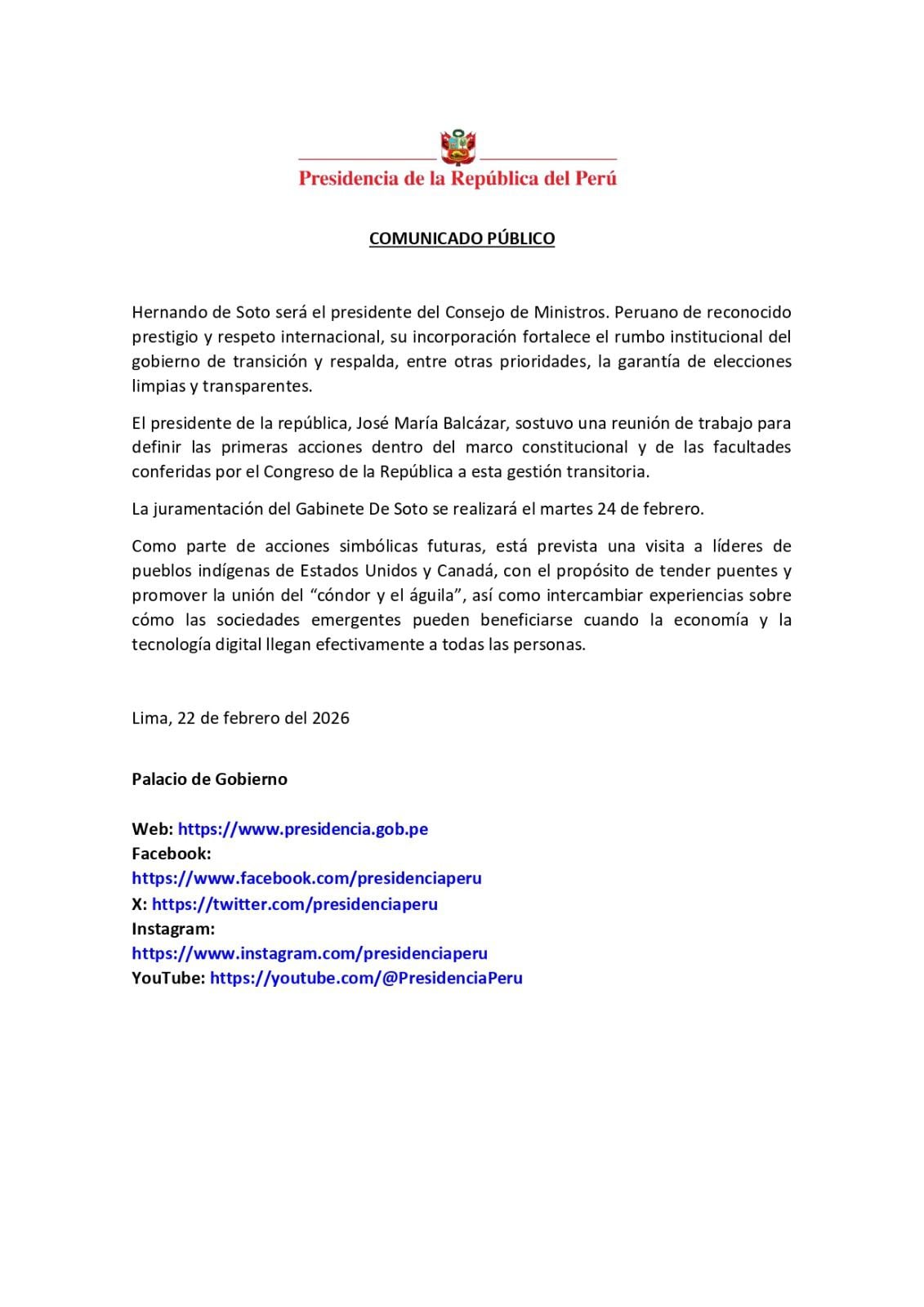 Comunicado de Presidencia anunciando que Hernando de Soto asumirá el cargo de Presidente del Consejo de Ministros.