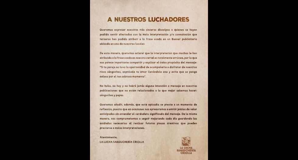 Sanguchería se pronuncia tras publicidad tildada de machista