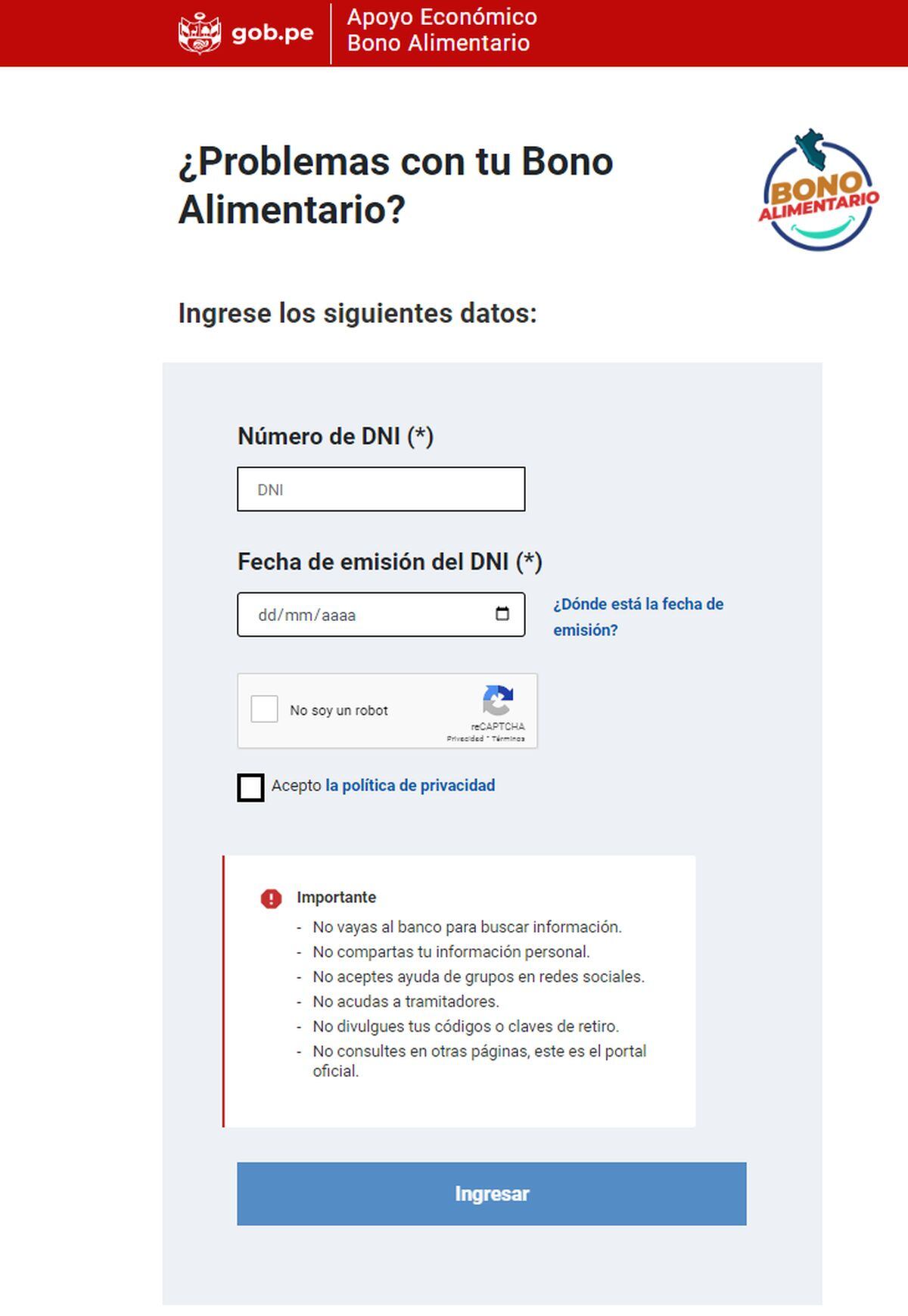 Ingresa a la página del bono para solicitar que un tercero cobre en tu nombre (Foto: Midis)