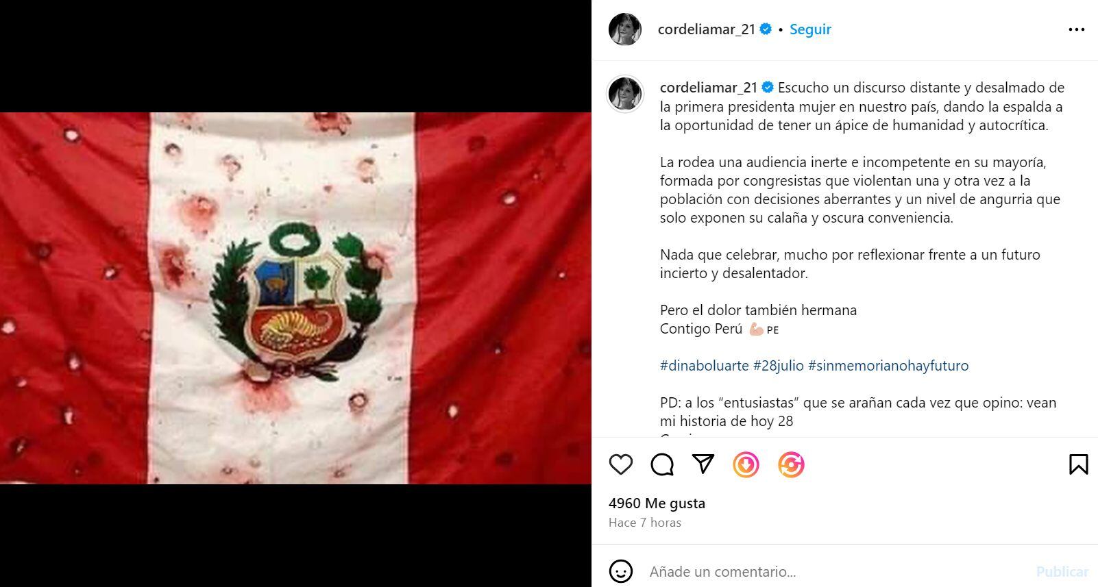 Mónica Sánchez responde tras mensaje a la nación de Dina Boluarte. (Foto: Instagram /GEC)