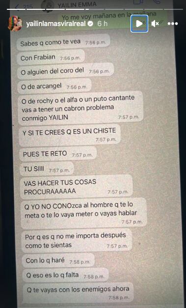 Los mensajes amenazantes que recibió Yailin La Más Viral por Whats App (Foto: Yailin La Más Viral / Instagram)