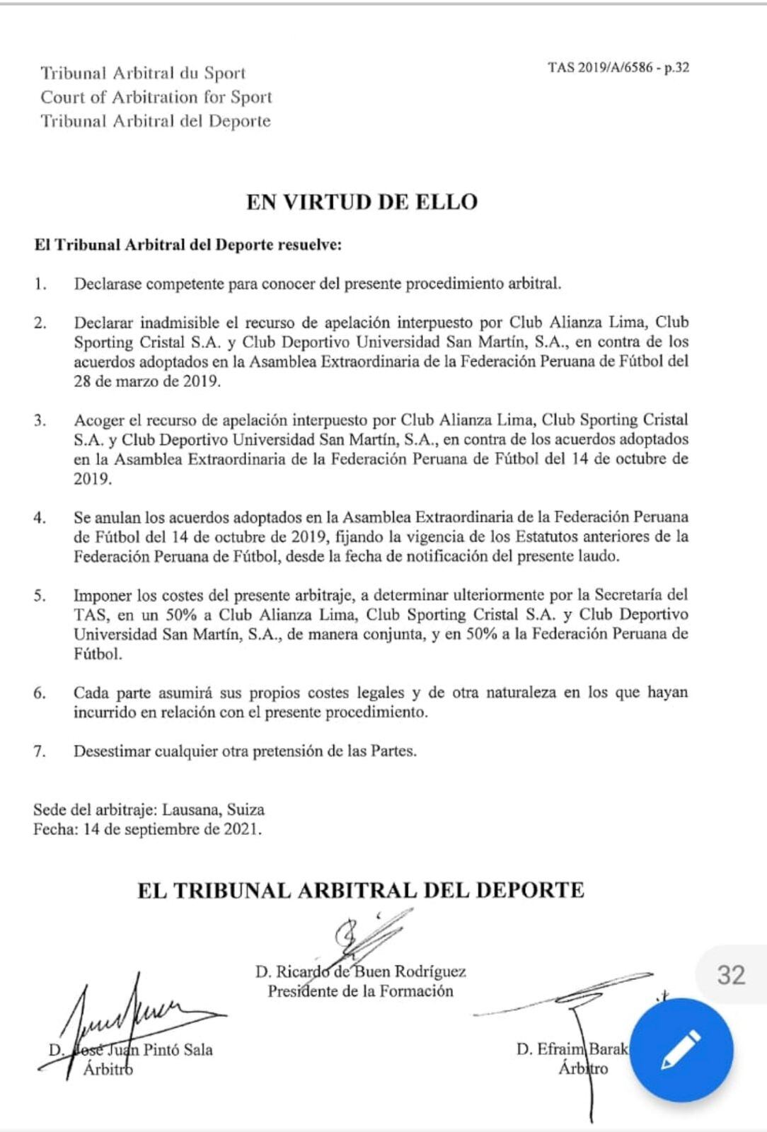 TAS falló nuevamente en contra de la FPF. Foto: Captura.