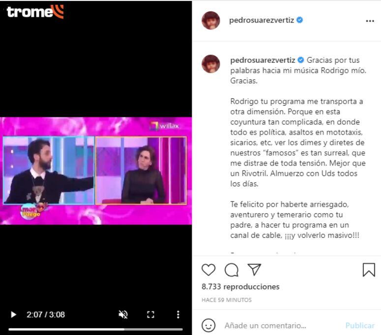 Pedro Suárez Vértiz felicita a Rodrigo y Gigi por su programa