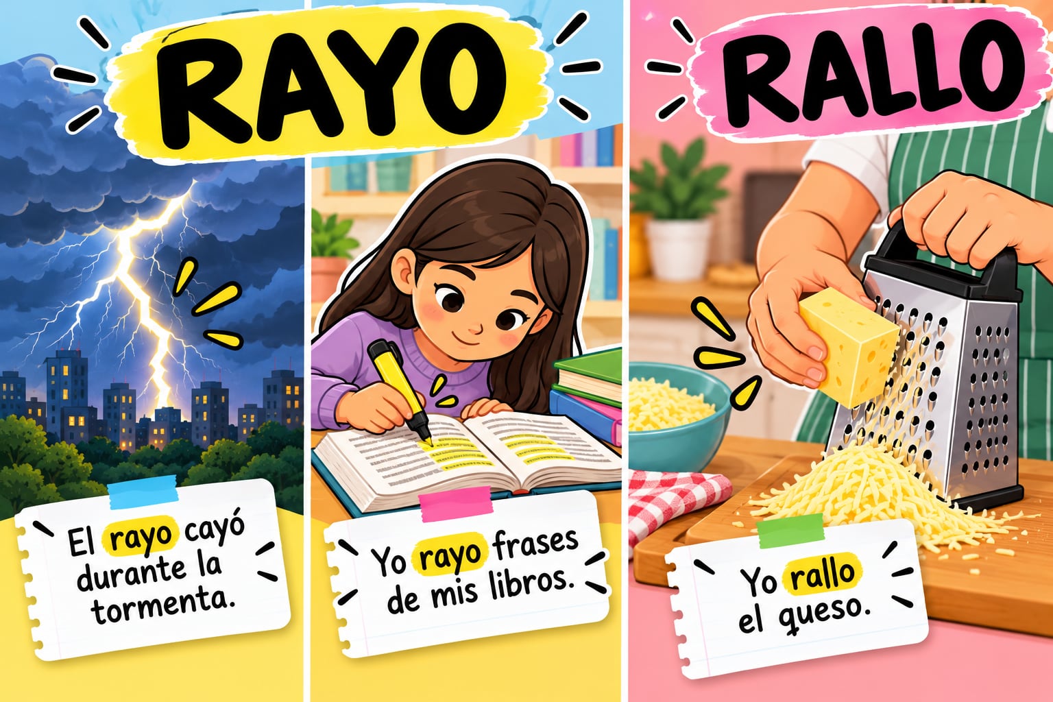 ‘Rayo’ y ‘rallo’ suenan igual, pero no significan lo mismo. Descubre cuándo se usa cada palabra y evita errores al escribir. Foto: IA.