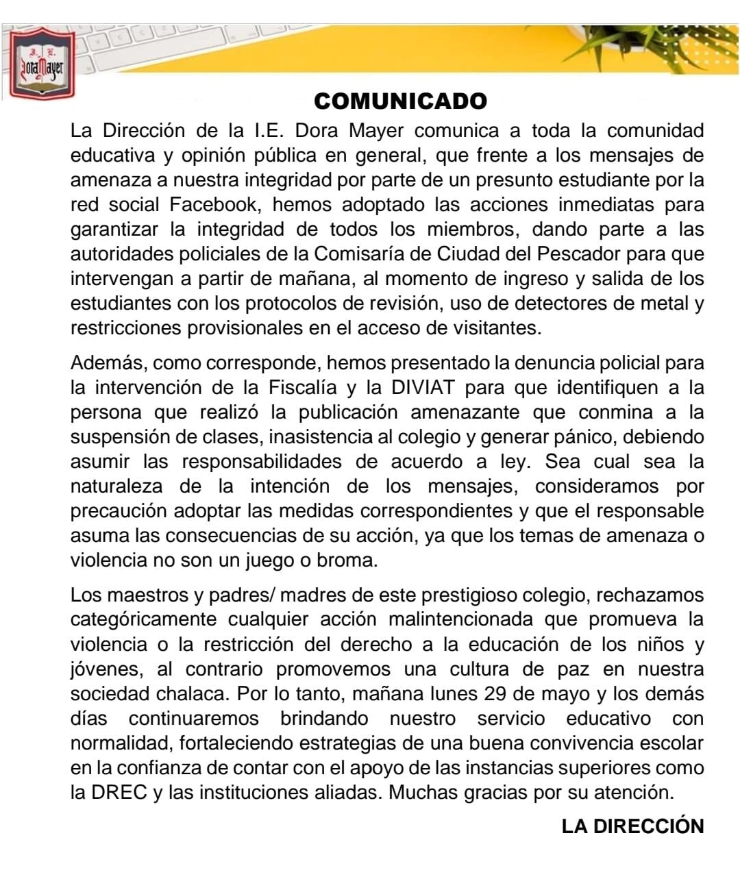 Comunicado del I.E Dora Mayer