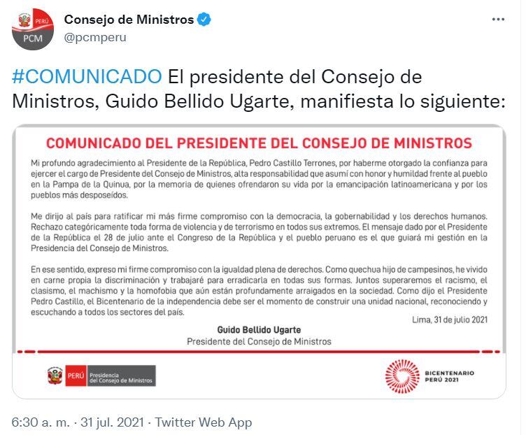 Guido Bellido publicó un comunicado asegurando que rechaza el terrorismo, la homofobia y el machismo.