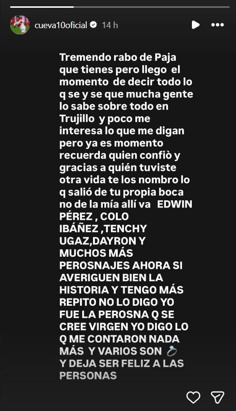 Cueva publicó un explosivo mensaje que muchos interpretaron como una indirecta hacia su expareja. (Foto: Instagram/@cueva10oficial)