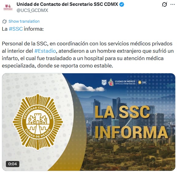 Comunicado de la Secretaría de Seguridad Ciudadana tras incidente con aficionado previo a inauguración del Mundial 2026.