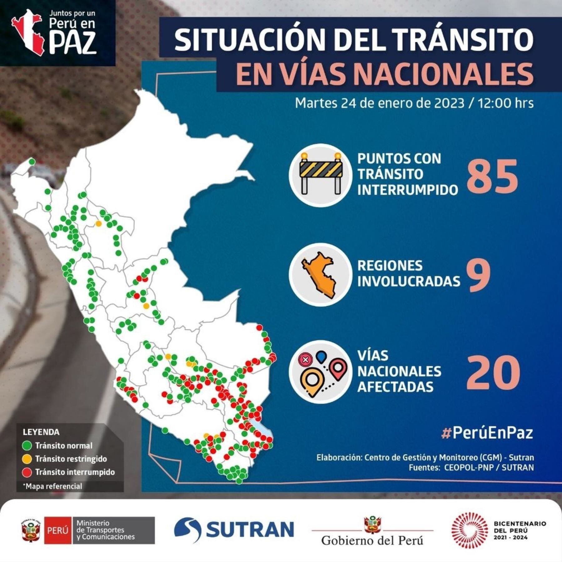 85 puntos de la Red Vial Nacional se encuentran bloqueados según el último reporte.