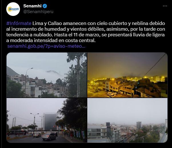 Mensaje del Senamhi sobre la neblina en Lima y Callao.