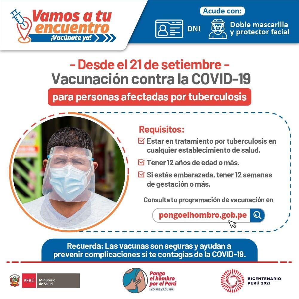 Desde hoy se vacuna contra el coronavirus a pacientes con tuberculosis desde los 12 años a más. Foto: Minsa