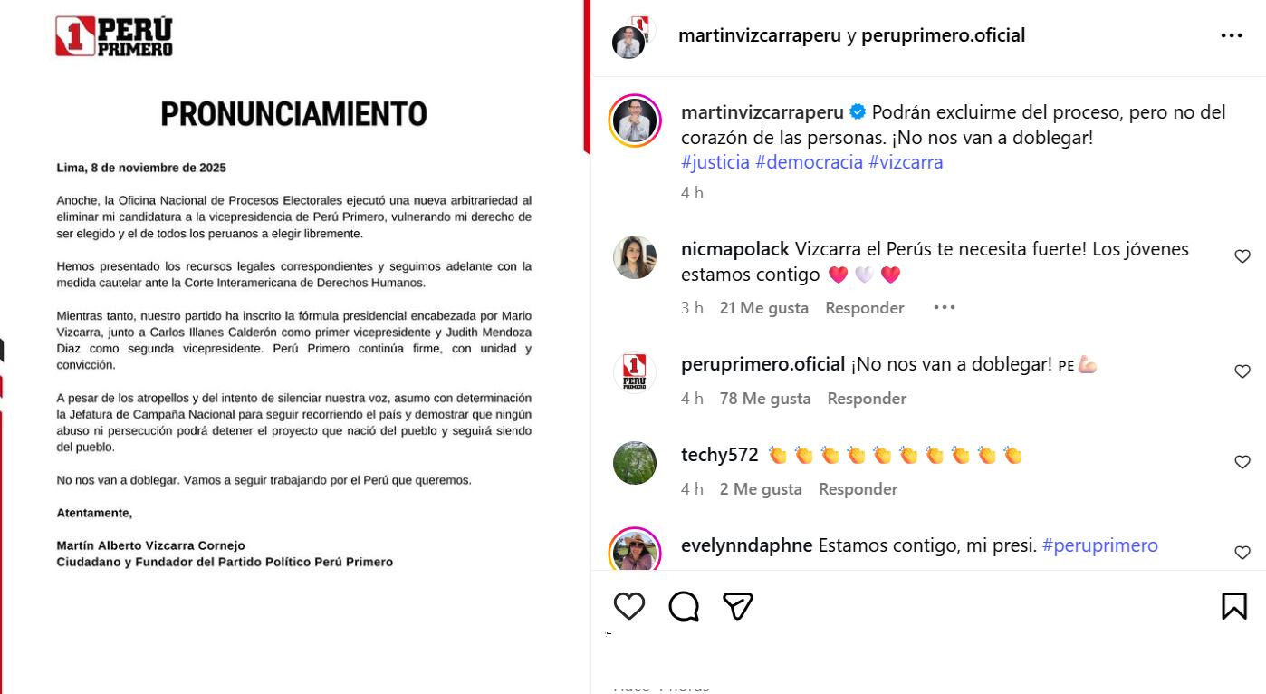 Martín Vizcarra se pronuncia tras decisión de la ONPE de dejarlo fuera de la precandidatura del exmandatario a la Primera Vicepresidencia por Perú Primero.