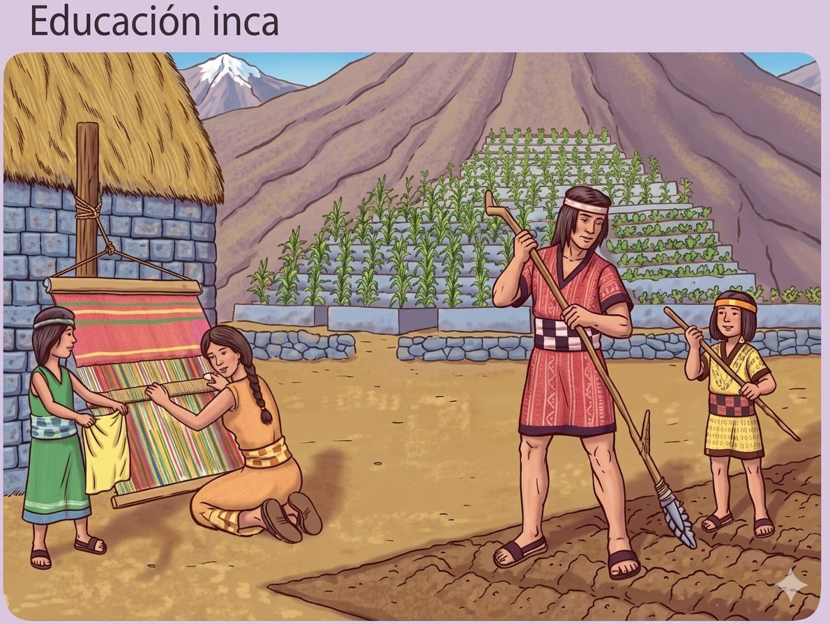 Los niños del pueblo eran educados en casa y aprendían agricultura, ganadería, pesca, entre otras actividades prácticas. Foto: Internet / Gemini.